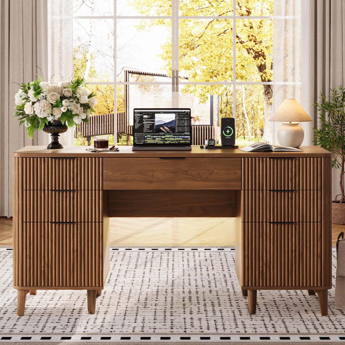 55.1" Fluted Executive Desk with Drawers, Wood Computer Desk with Storage Cabinet, Home Office Desk with Charging Station, Farmhouse Desk with File Cabinet for Office Home (Nature)