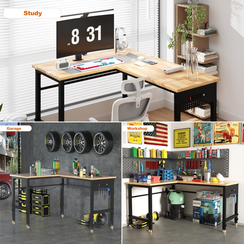 Betterhood 48" Heavy-Duty Adjustable Workbench for Garage, Rubber Wood Shop Table W/Metal Wheels, Hardwood Workstation Weight Capacity Over 2000 Lbs with Wheels