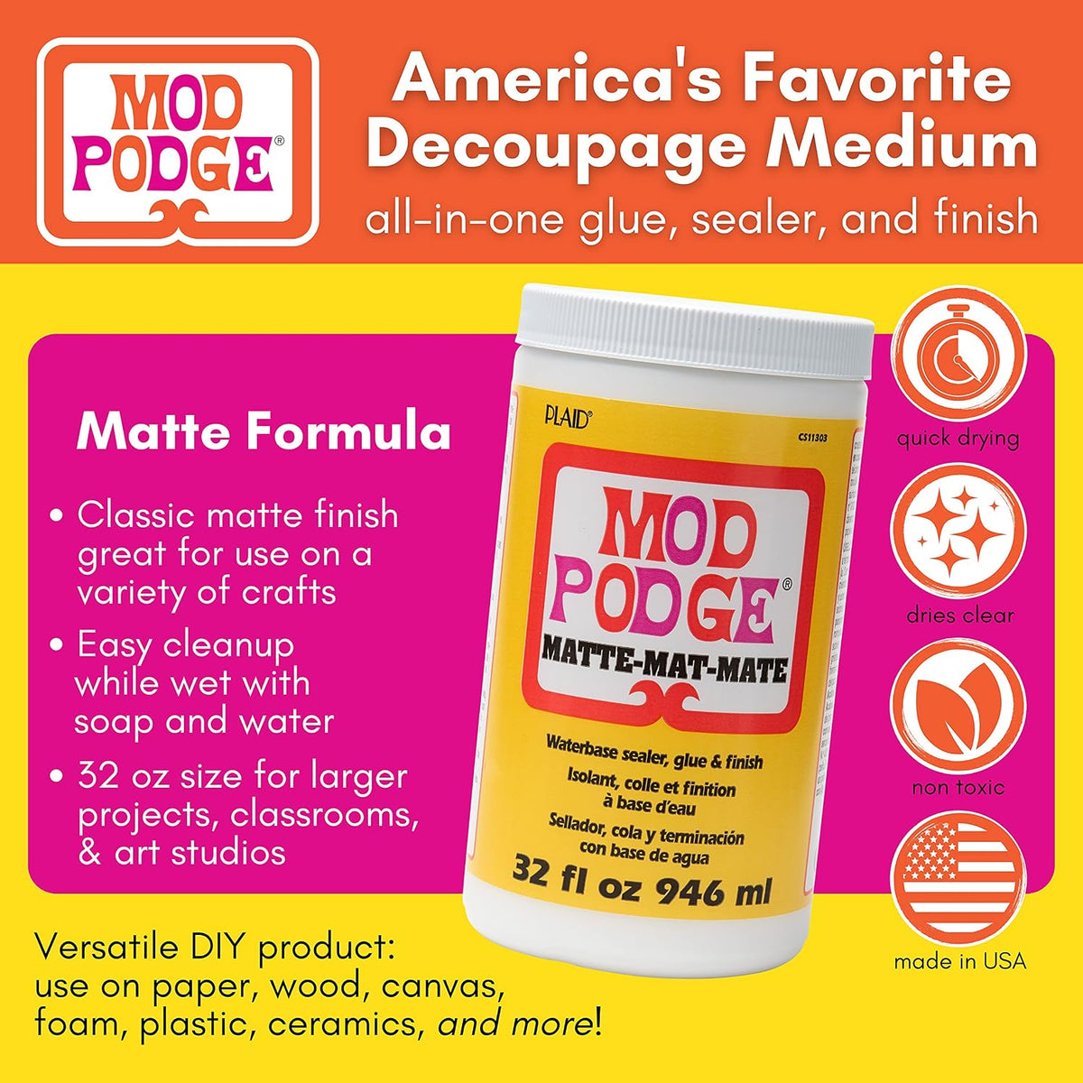 Mod Podge Matte Decoupage Glue, Sealer & Finish – 32 oz