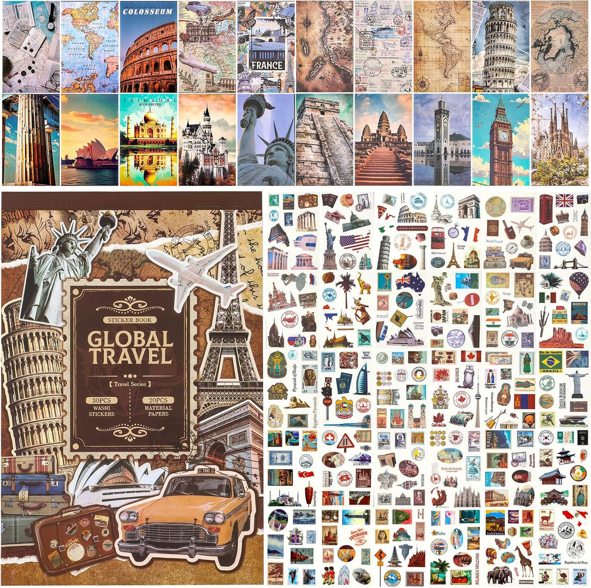 Scrapbook Stickers - 300 Pre-Cut Washi Stickers & 20 Scrapbook Papers for Travel Journaling