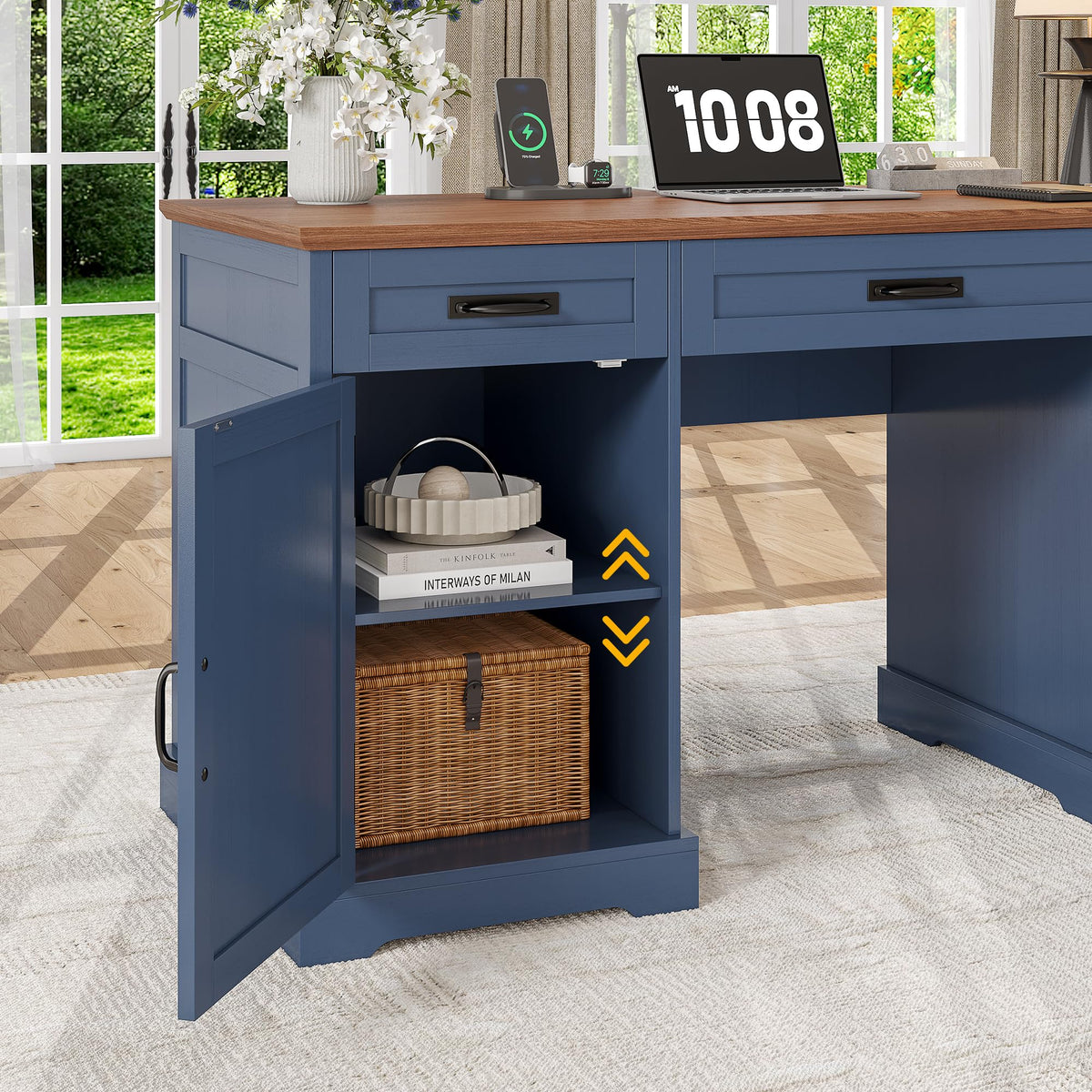 Whalefall: 55" Farmhouse Executive Desk with Drawers & Charging Station