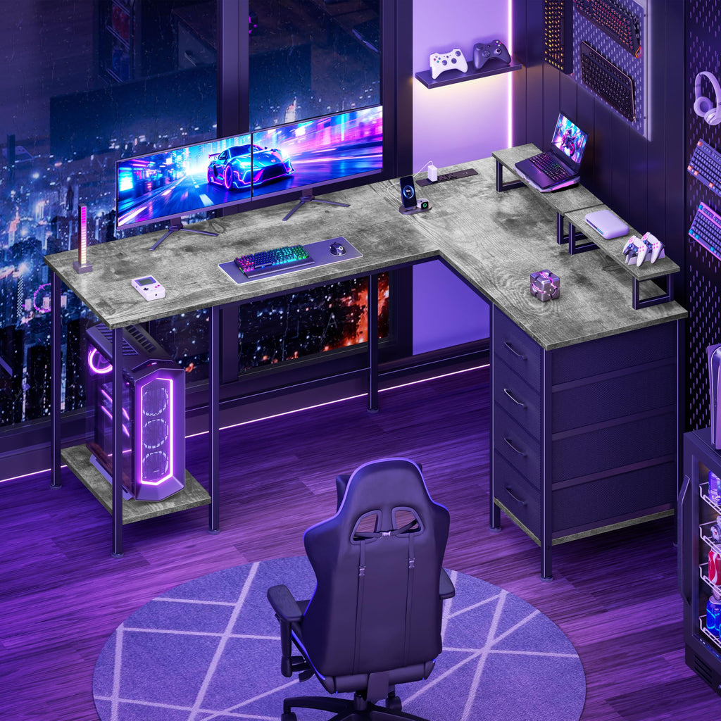 Korfile: 59" L-Shaped Computer Desk with Charging Station & Storage