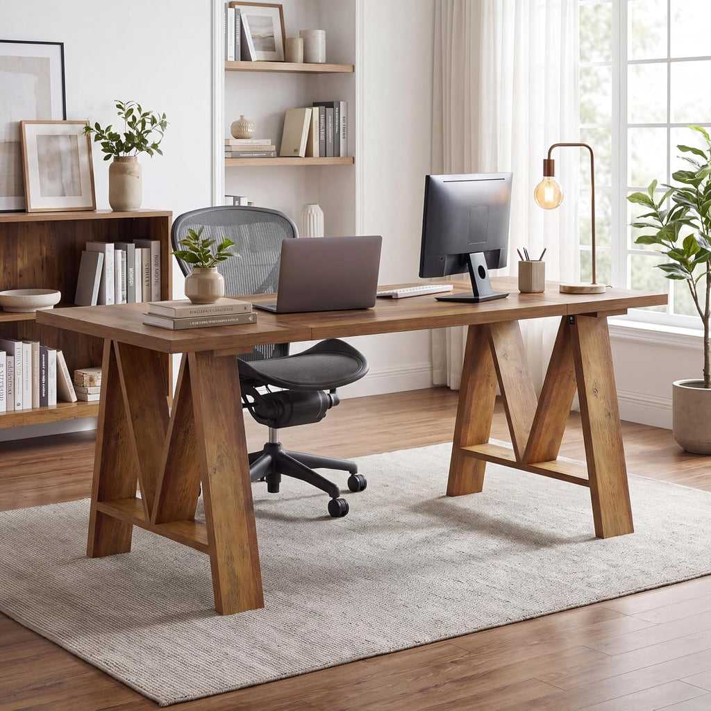 Tribesigns: 63" Farmhouse Executive Desk with A-Frame Legs (Brown)