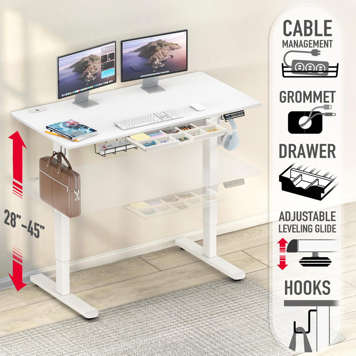 SHW 55 x 28 Electric Height Adjustable Standing Desk w/Drawer, White