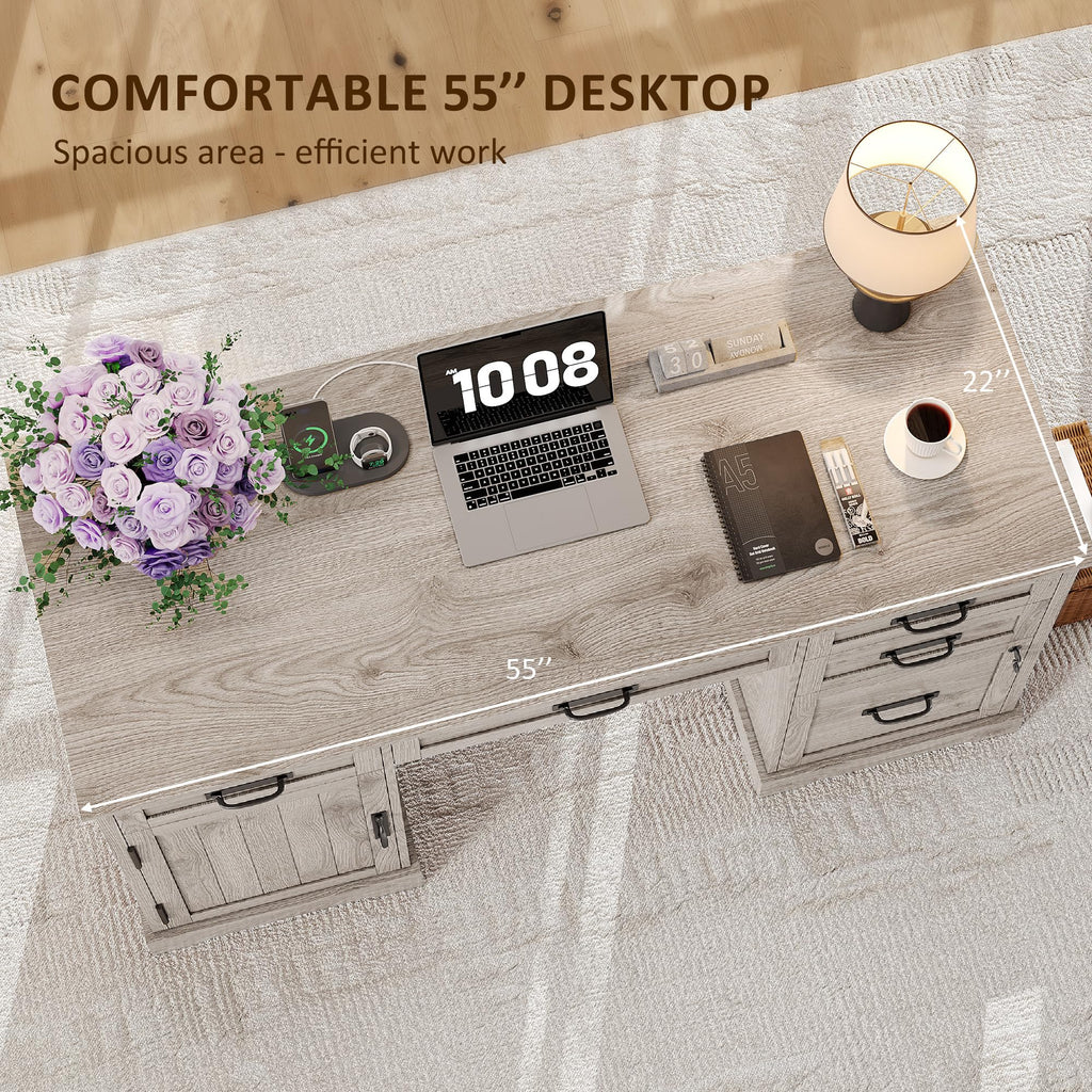 Whalefall: 55" Farmhouse Executive Desk with Drawers & Charging Station