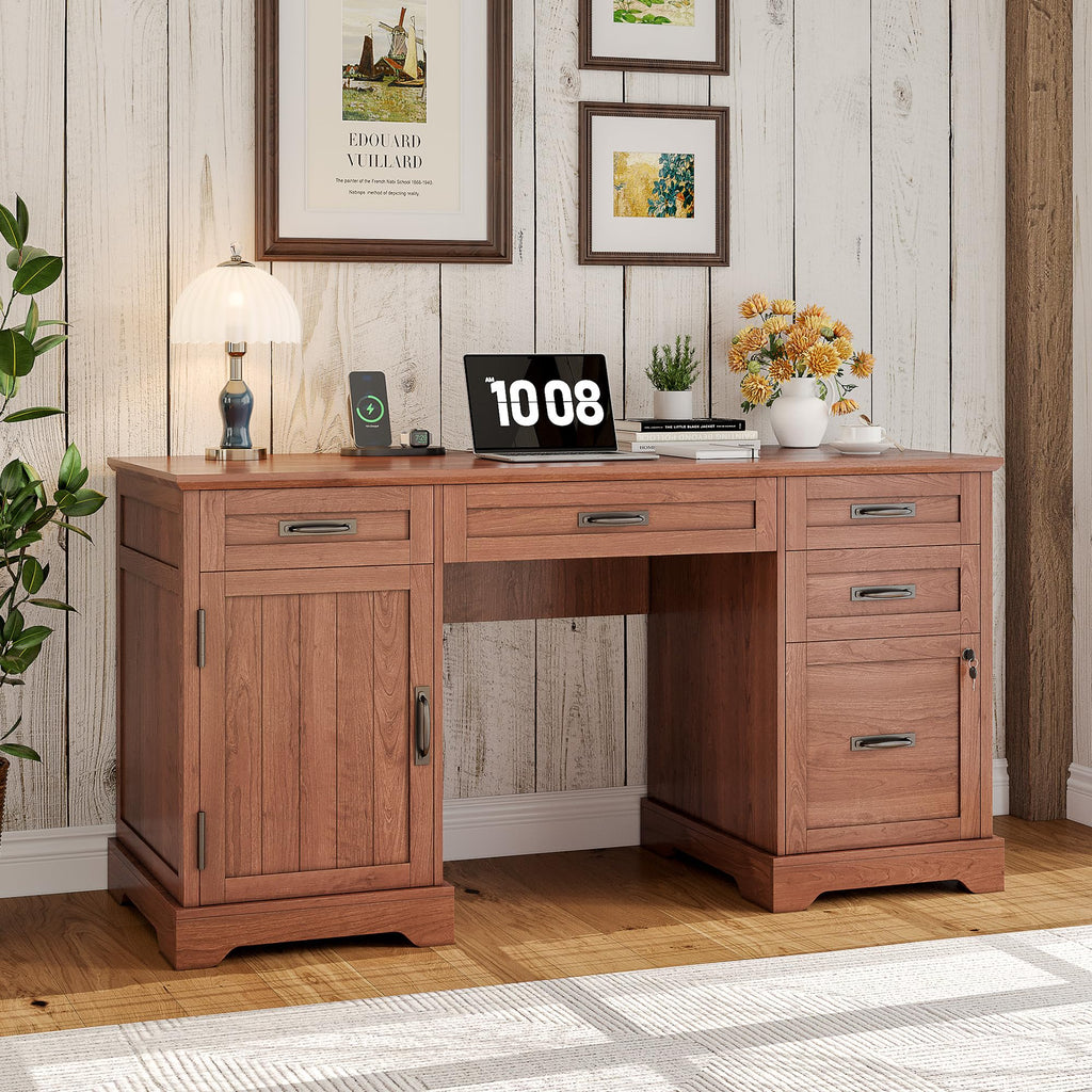 Whalefall: 55" Farmhouse Executive Desk with Drawers & Charging Station