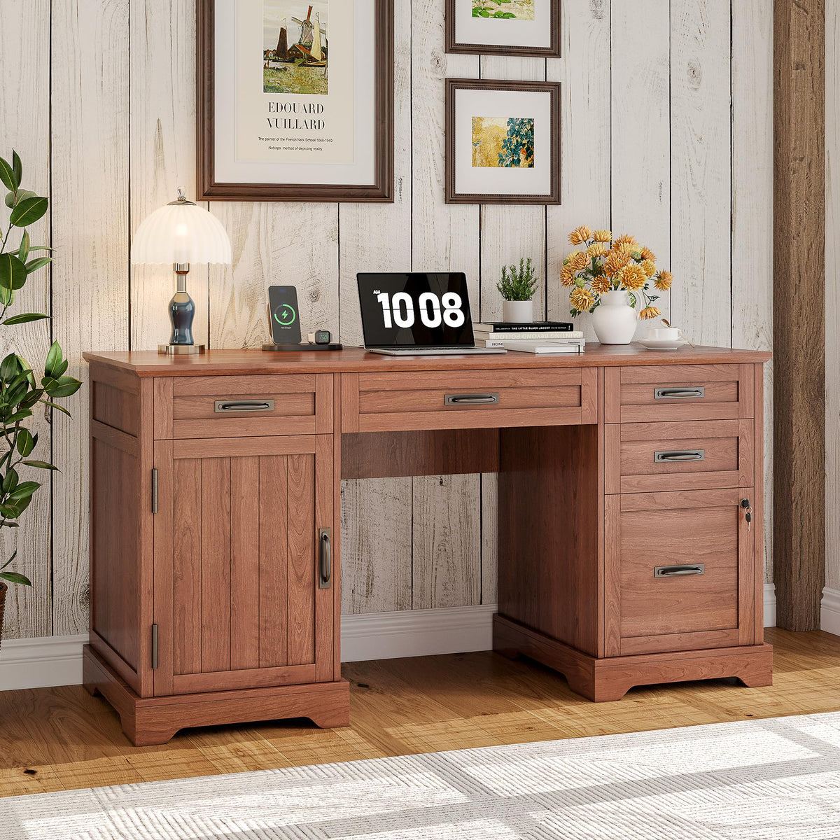 Whalefall: 55" Farmhouse Executive Desk with Drawers & Charging Station