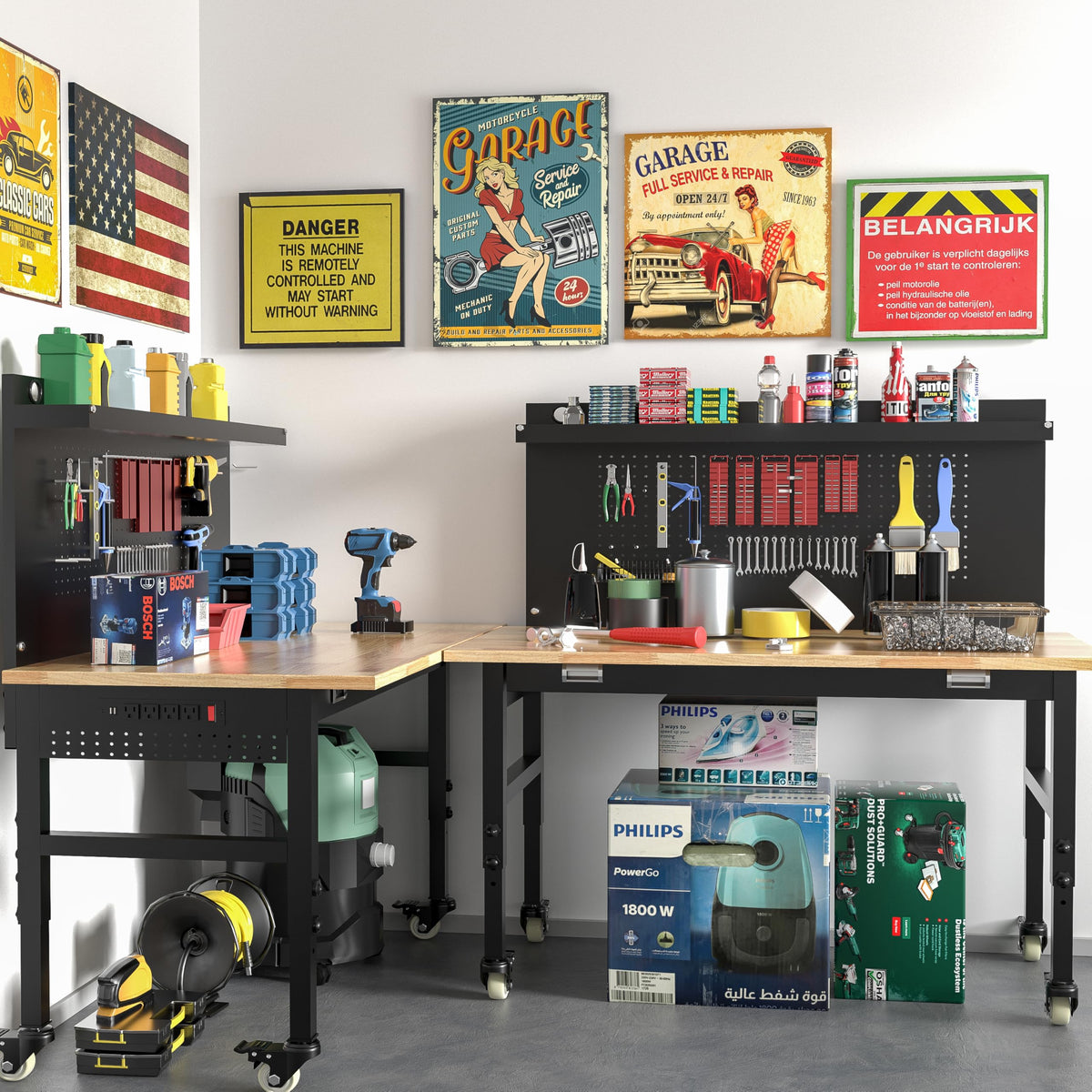 Betterhood 48" Heavy-Duty Adjustable Workbench for Garage, Rubber Wood Shop Table W/Metal Wheels, Hardwood Workstation Weight Capacity Over 2000 Lbs with Wheels