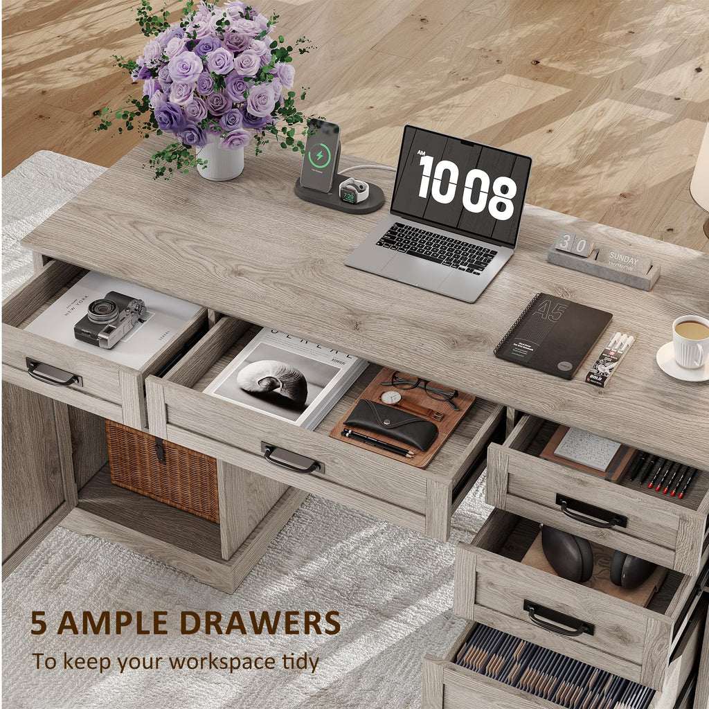 Whalefall: 55" Farmhouse Executive Desk with Drawers & Charging Station