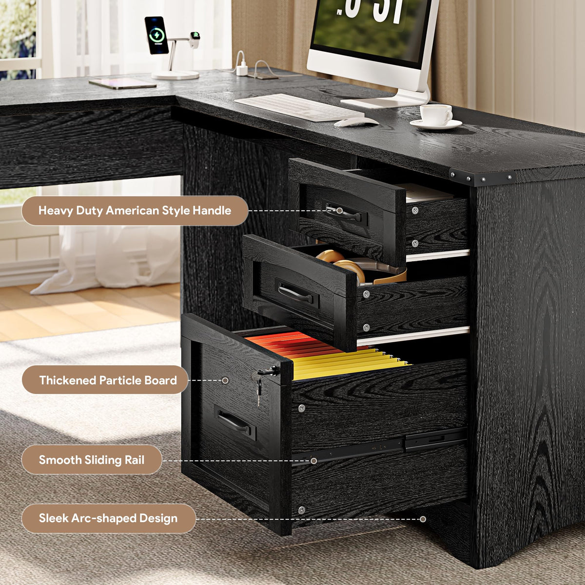 Decofy 67" Farmhouse L Shaped Standing Desk with Drawers Home Office Executive Desks with Fast Charging Station, Lockable File Cabinet, Wood Writing Computer Desk for Work, Study, White
