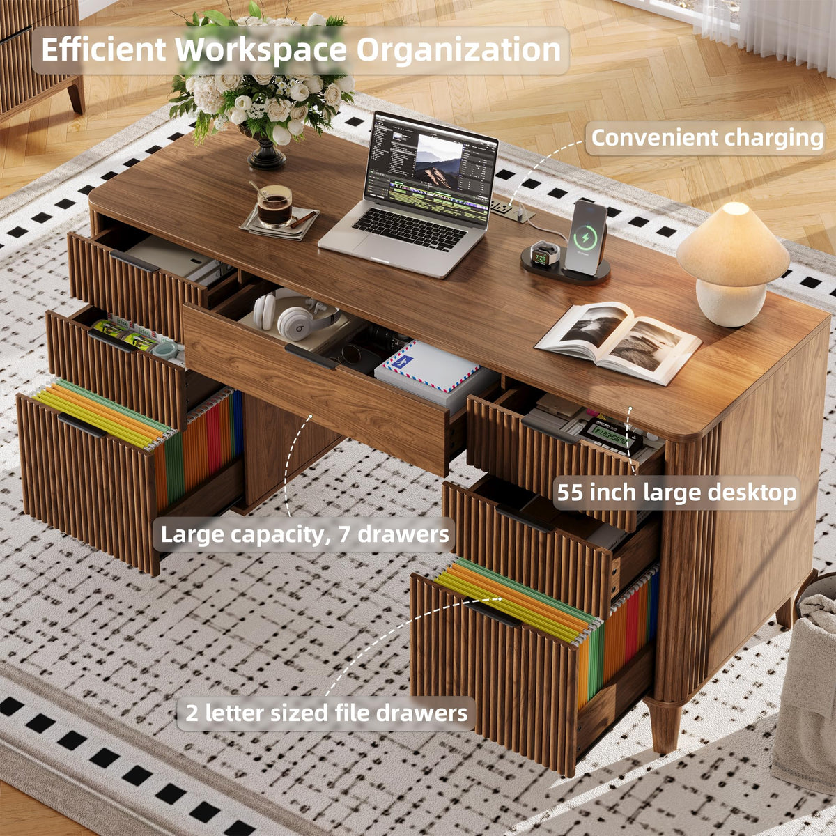 55.1" Fluted Executive Desk with Drawers, Wood Computer Desk with Storage Cabinet, Home Office Desk with Charging Station, Farmhouse Desk with File Cabinet for Office Home (Nature)