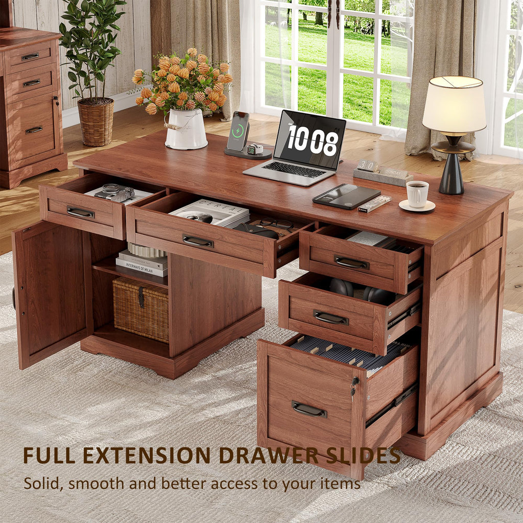 Whalefall: 55" Farmhouse Executive Desk with Drawers & Charging Station