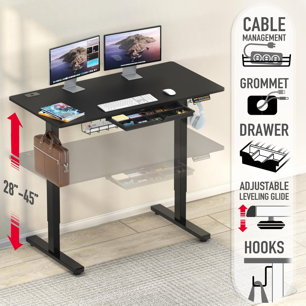 SHW 55 x 28 Electric Height Adjustable Standing Desk w/Drawer, White