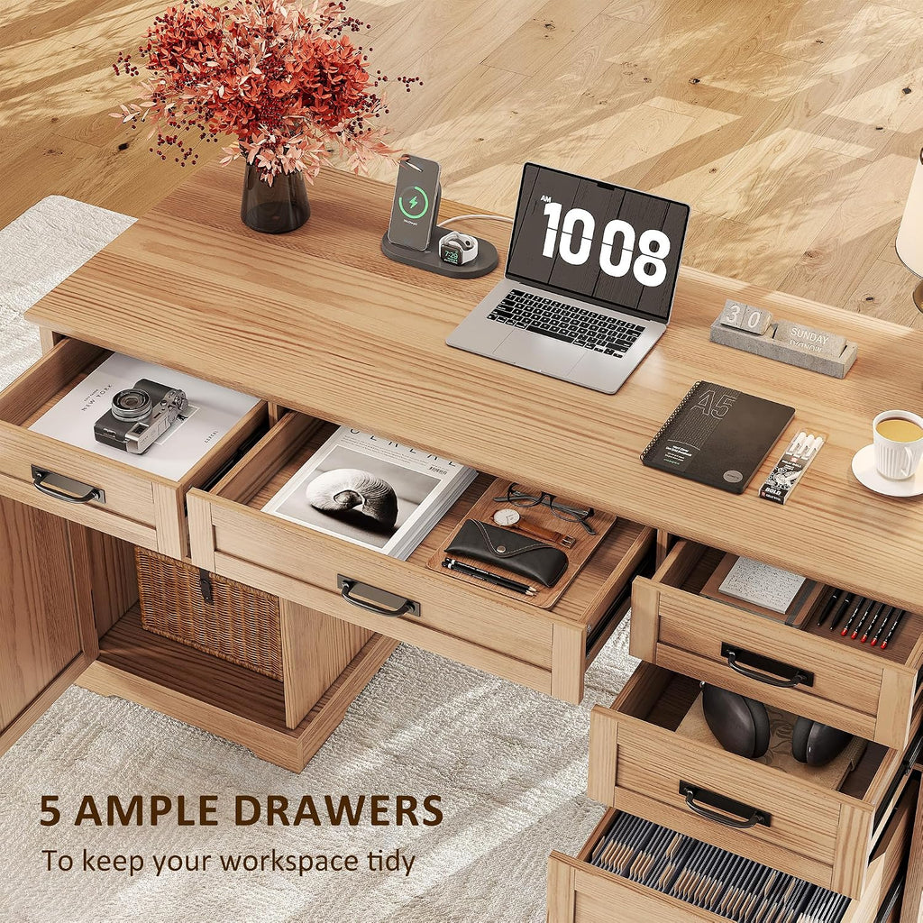 Whalefall: 55" Farmhouse Executive Desk with Drawers & Charging Station