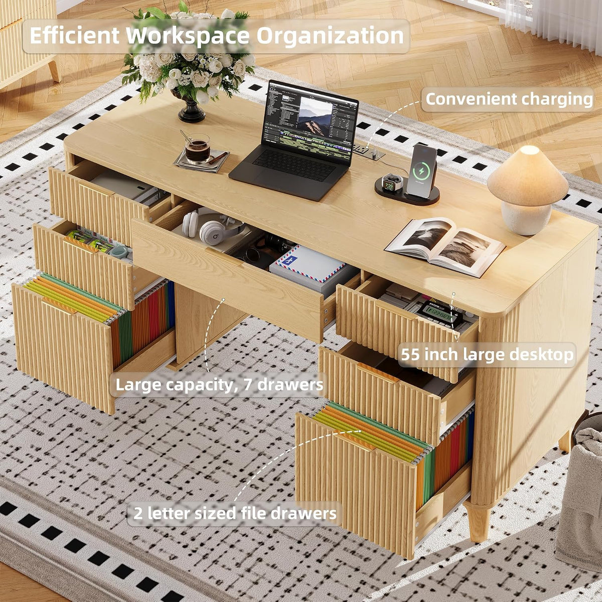 55.1" Fluted Executive Desk with Drawers, Wood Computer Desk with Storage Cabinet, Home Office Desk with Charging Station, Farmhouse Desk with File Cabinet for Office Home (Nature)