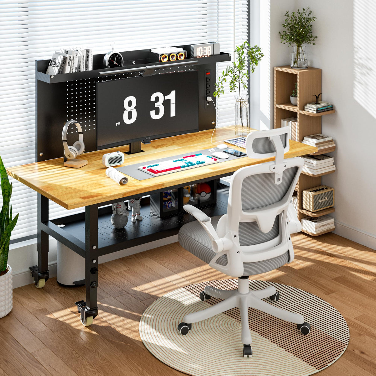 Betterhood 48" Heavy-Duty Adjustable Workbench for Garage, Rubber Wood Shop Table W/Metal Wheels, Hardwood Workstation Weight Capacity Over 2000 Lbs with Wheels