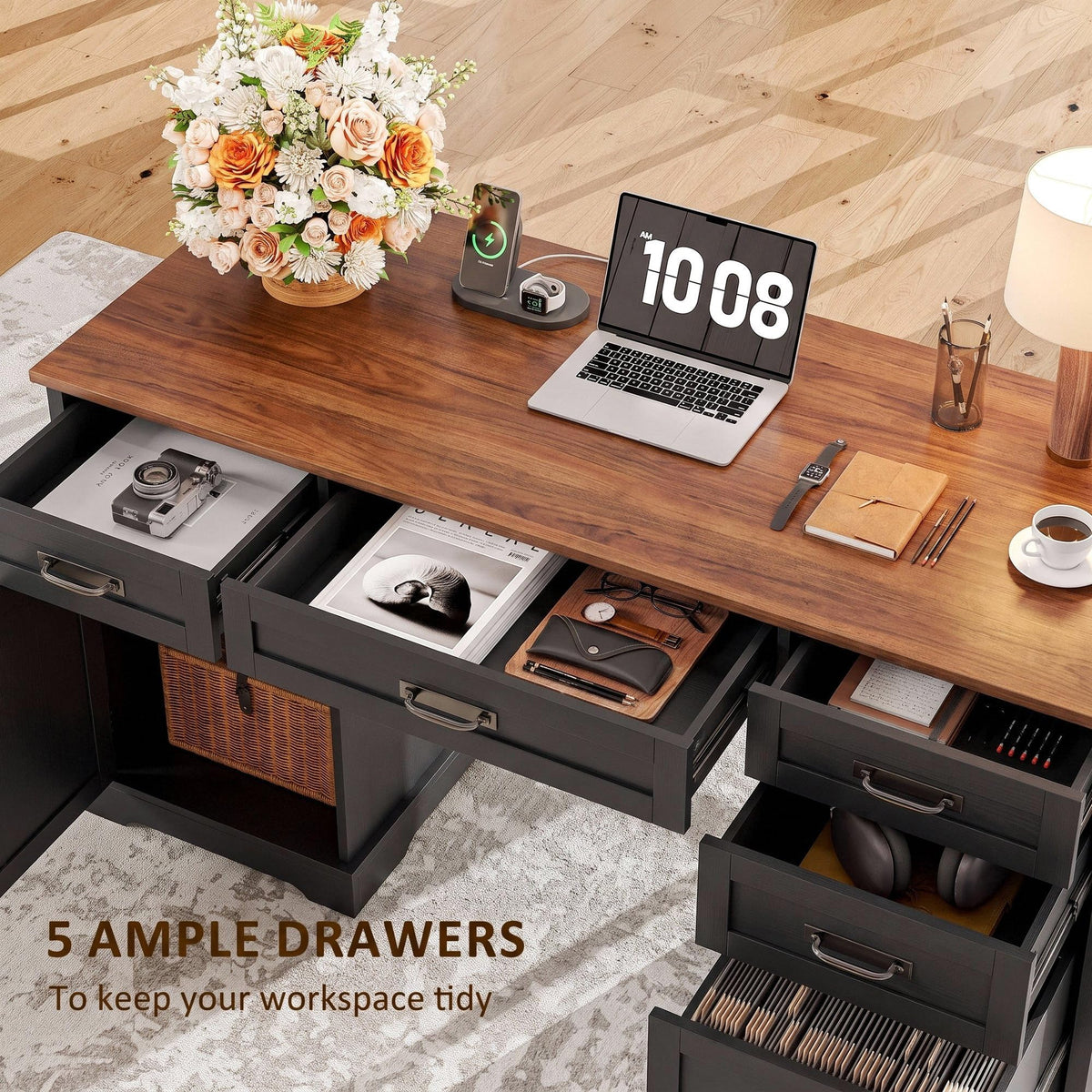 Whalefall: 55" Farmhouse Executive Desk with Drawers & Charging Station