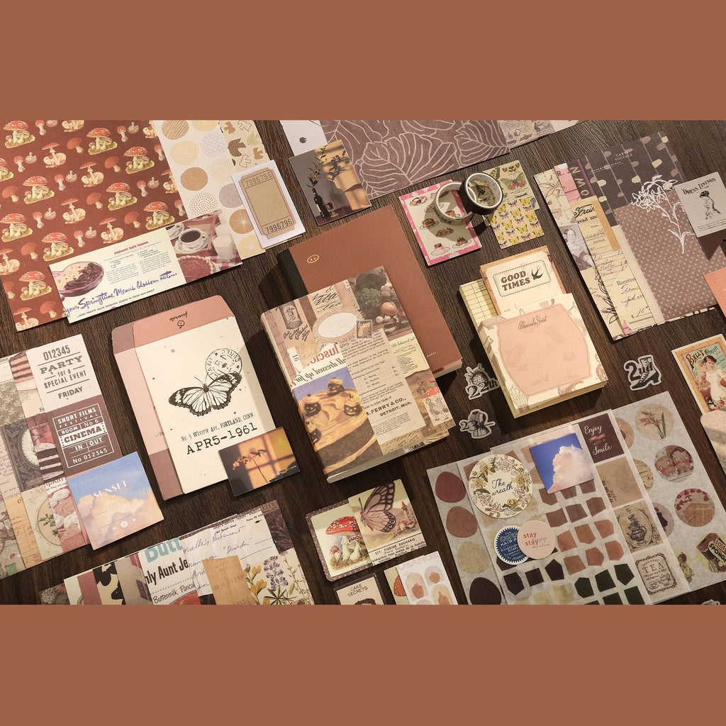 emmoolife 348 Pcs Scrapbooking Supplies Kit, Vintage Aesthetic Scrapbook Kit for Bullet Junk Journal, Stationery, A6 Grid Notebook, DIY Journaling Supplies, Birthday Craft Gift for Teen Girl Women