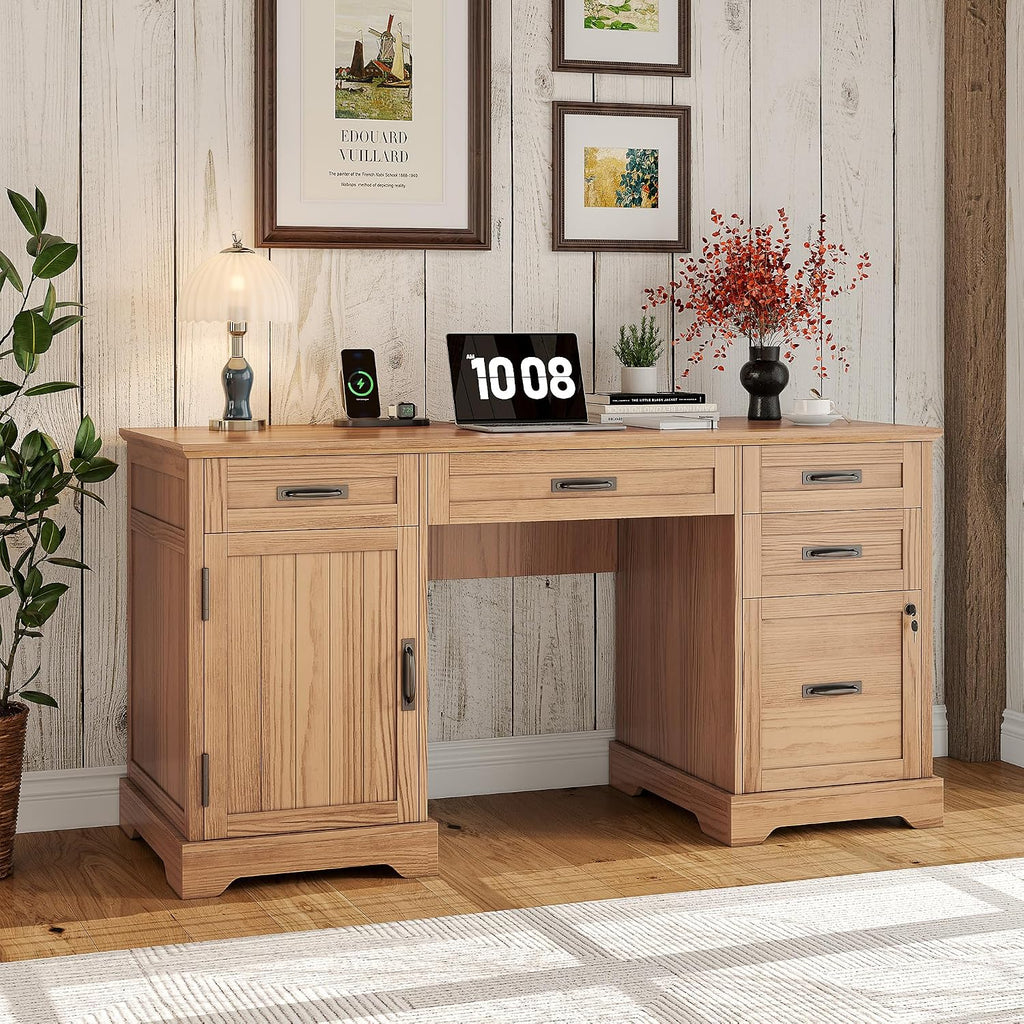 Whalefall: 55" Farmhouse Executive Desk with Drawers & Charging Station