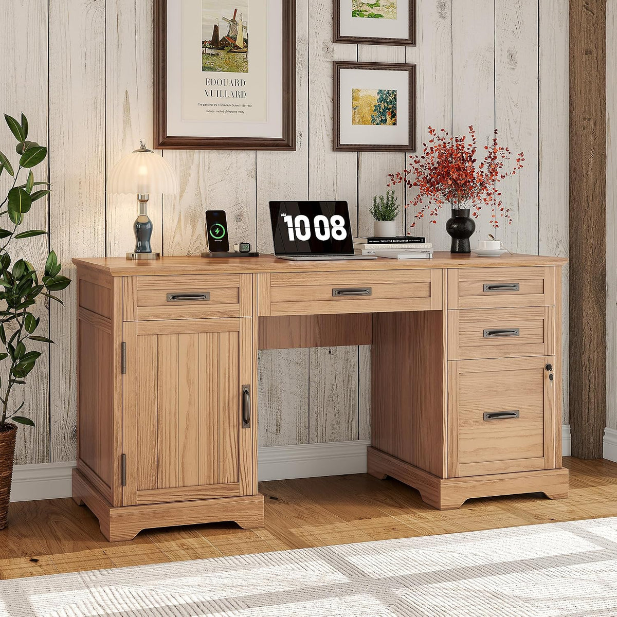 Whalefall: 55" Farmhouse Executive Desk with Drawers & Charging Station