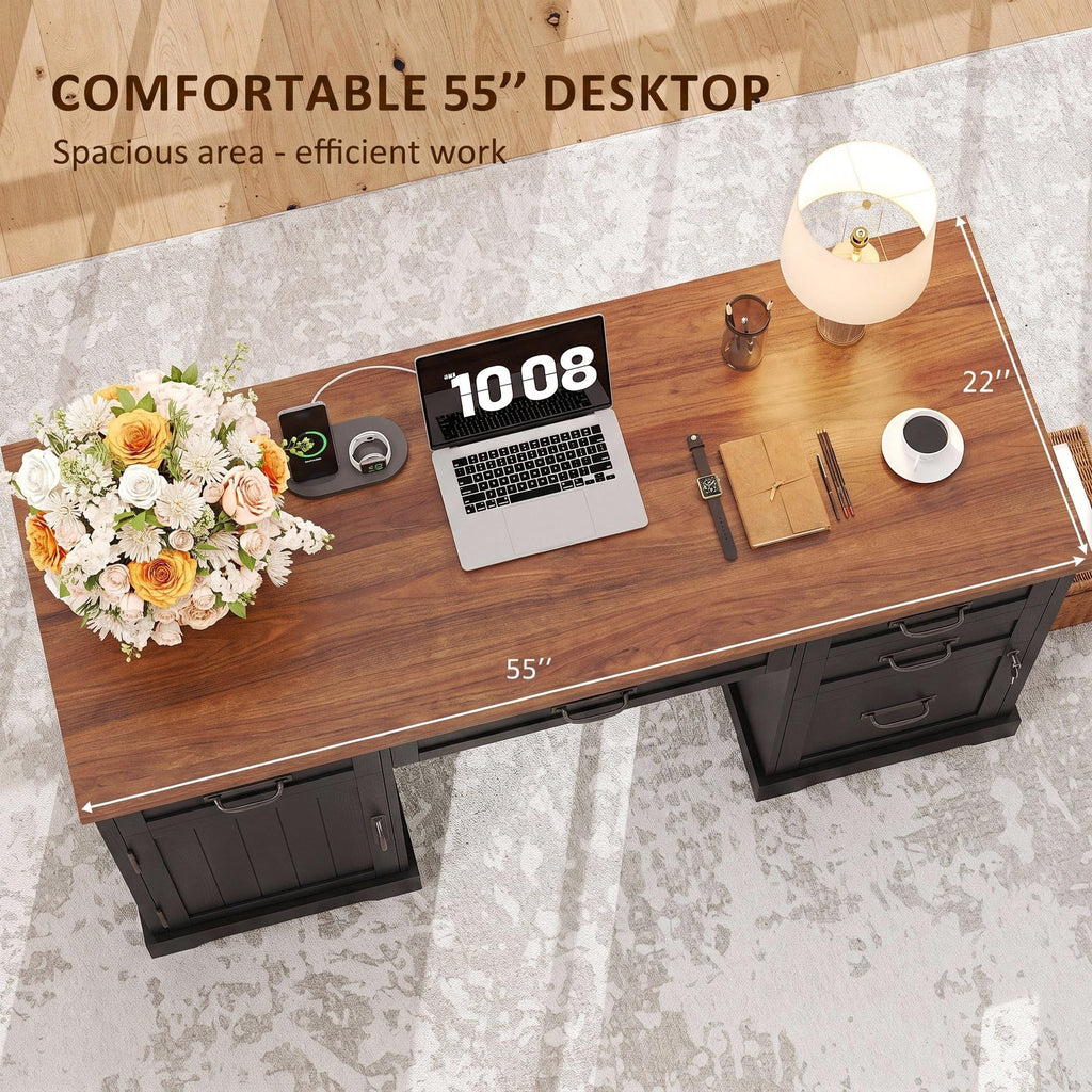 Whalefall: 55" Farmhouse Executive Desk with Drawers & Charging Station