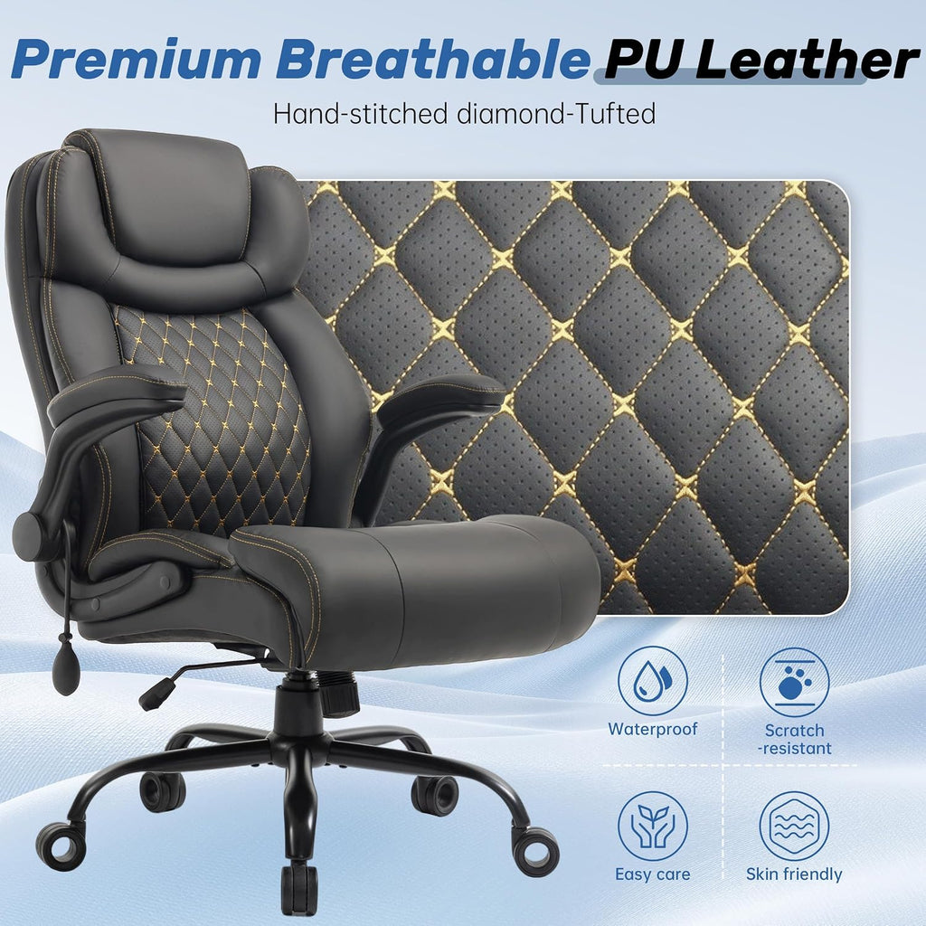 550LBS Big and Tall Office Chair, Comfy Heavy Duty Executive Chair with Adjustable Lumbar Support Double Spaces Casters, PU Leather Extra Wide Seat Ergonomic Computer Desk Chair for Back Pain, Black