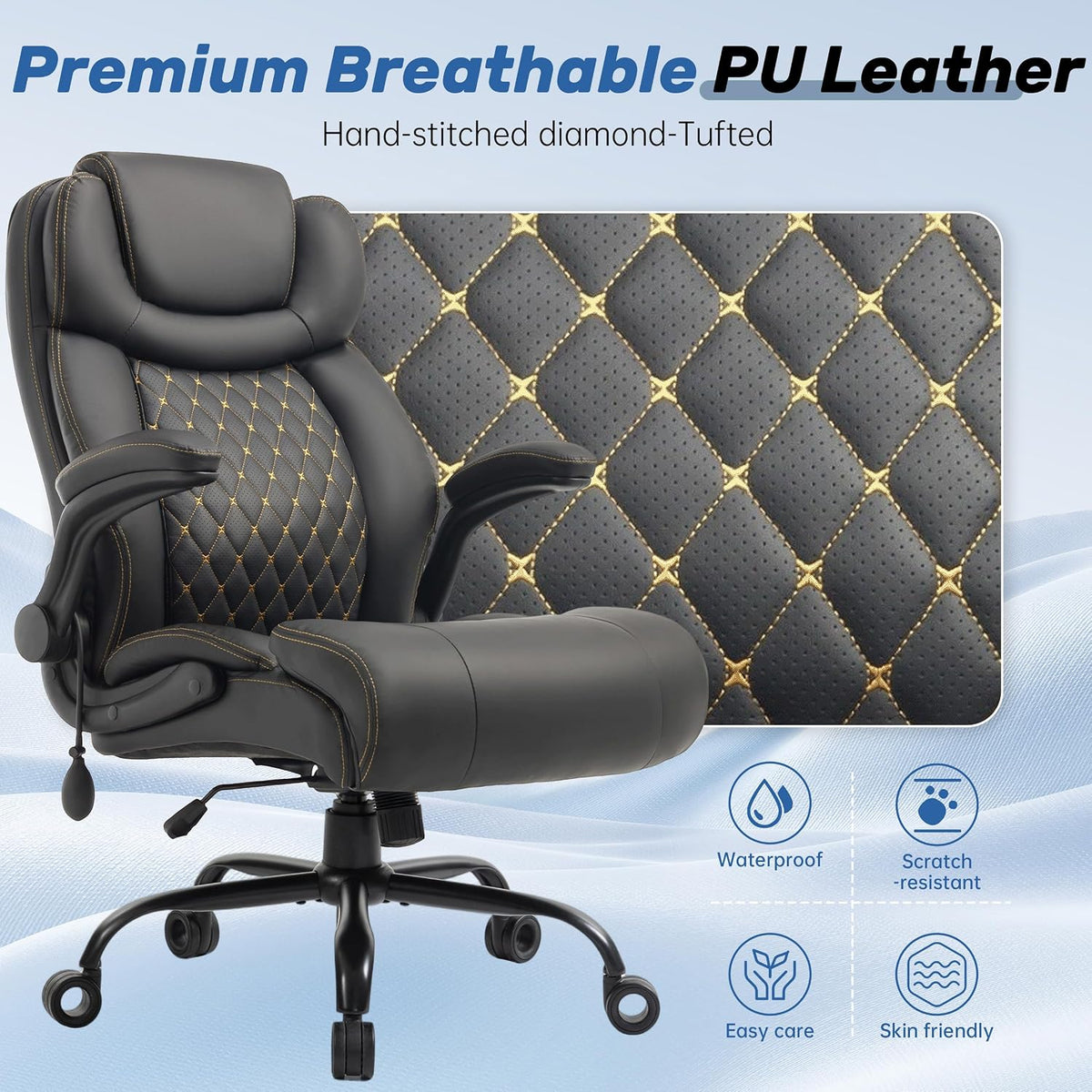 550LBS Big and Tall Office Chair, Comfy Heavy Duty Executive Chair with Adjustable Lumbar Support Double Spaces Casters, PU Leather Extra Wide Seat Ergonomic Computer Desk Chair for Back Pain, Black
