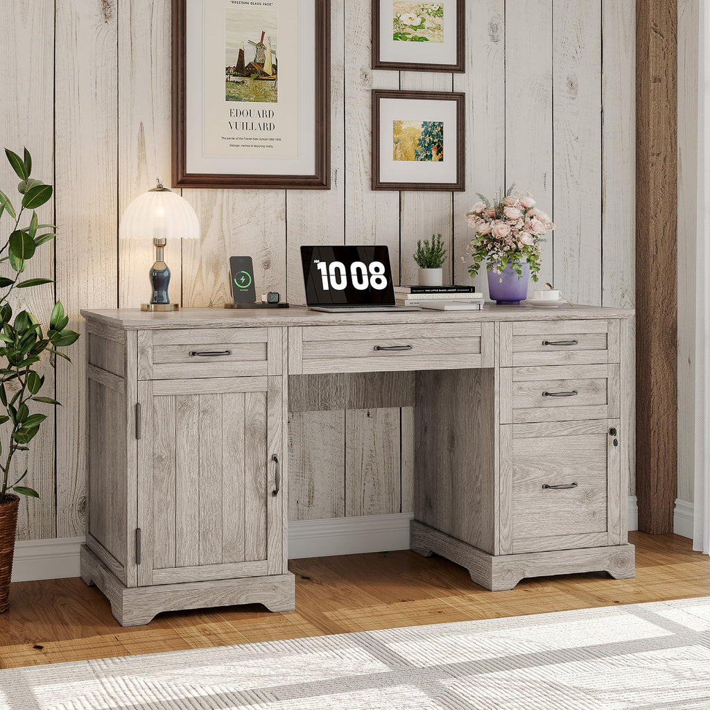 Whalefall: 55" Farmhouse Executive Desk with Drawers & Charging Station