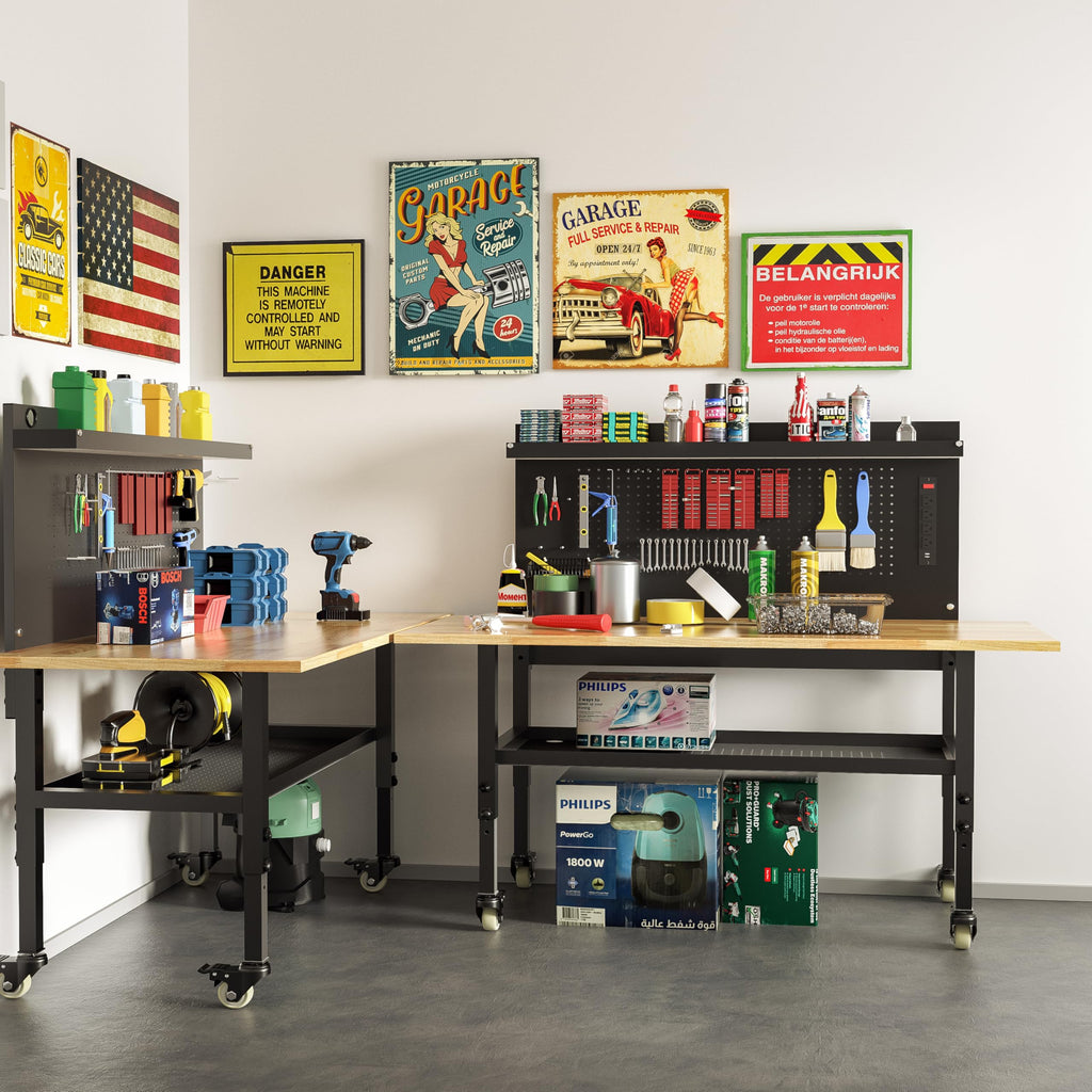Betterhood 48" Heavy-Duty Adjustable Workbench for Garage, Rubber Wood Shop Table W/Metal Wheels, Hardwood Workstation Weight Capacity Over 2000 Lbs with Wheels