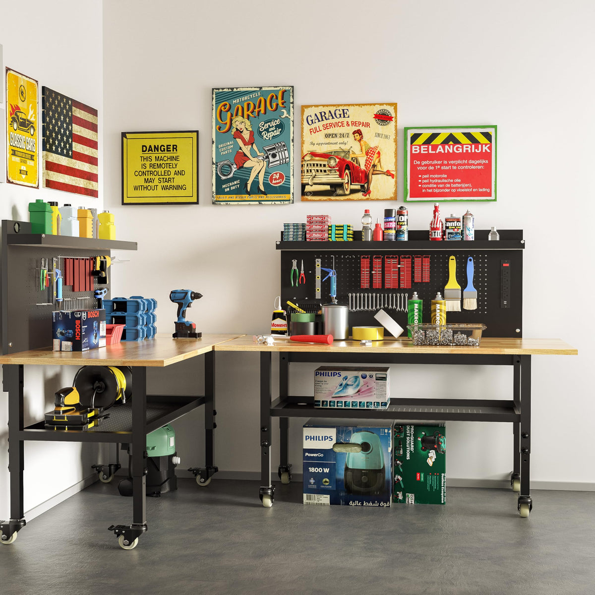 Betterhood 48" Heavy-Duty Adjustable Workbench for Garage, Rubber Wood Shop Table W/Metal Wheels, Hardwood Workstation Weight Capacity Over 2000 Lbs with Wheels