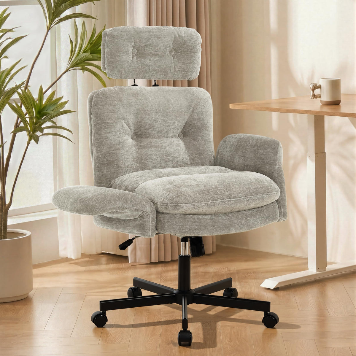 FiveWillowise Cross Legged Office Chair with Flip-up Arms&Hight Back,Grey