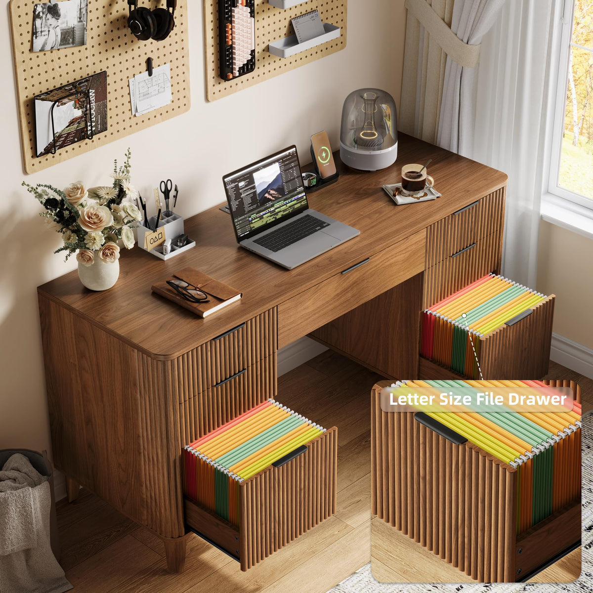 55.1" Fluted Executive Desk with Drawers, Wood Computer Desk with Storage Cabinet, Home Office Desk with Charging Station, Farmhouse Desk with File Cabinet for Office Home (Nature)