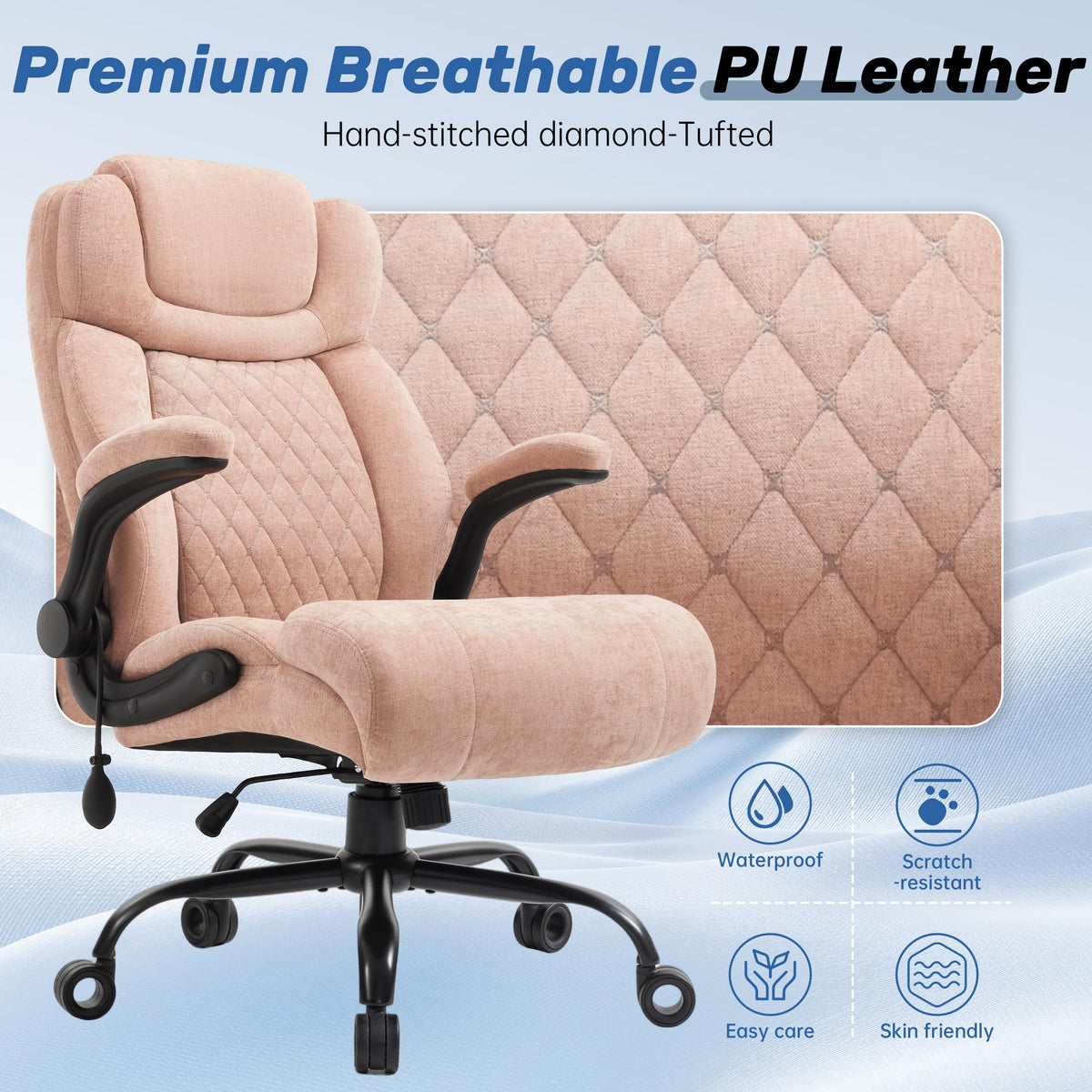 550LBS Big and Tall Office Chair, Comfy Heavy Duty Executive Chair with Adjustable Lumbar Support Double Spaces Casters, PU Leather Extra Wide Seat Ergonomic Computer Desk Chair for Back Pain, Black