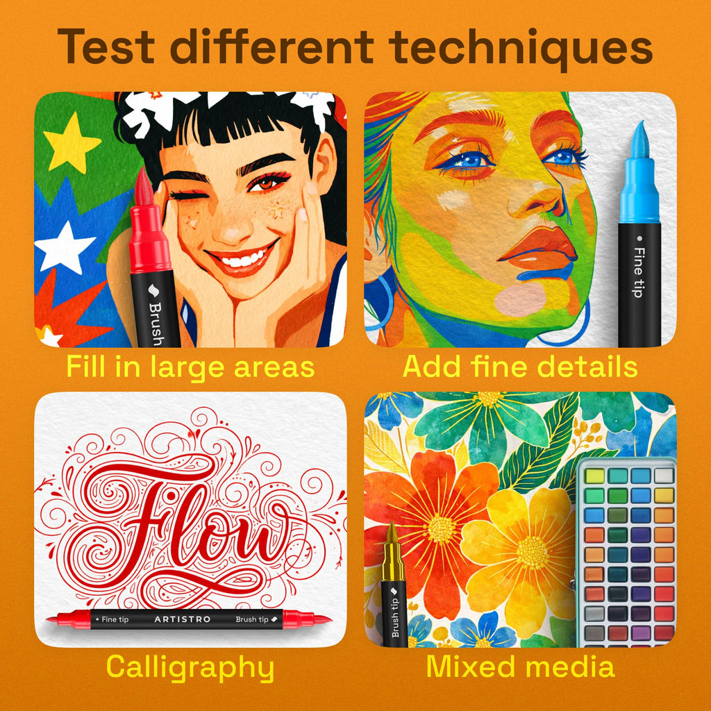 ARTISTRO Dual-Tip Acrylic Paint Markers – 1mm Fine & 1–5mm Brush Tip | ASTM D4236 Safe, Multi-Surface
