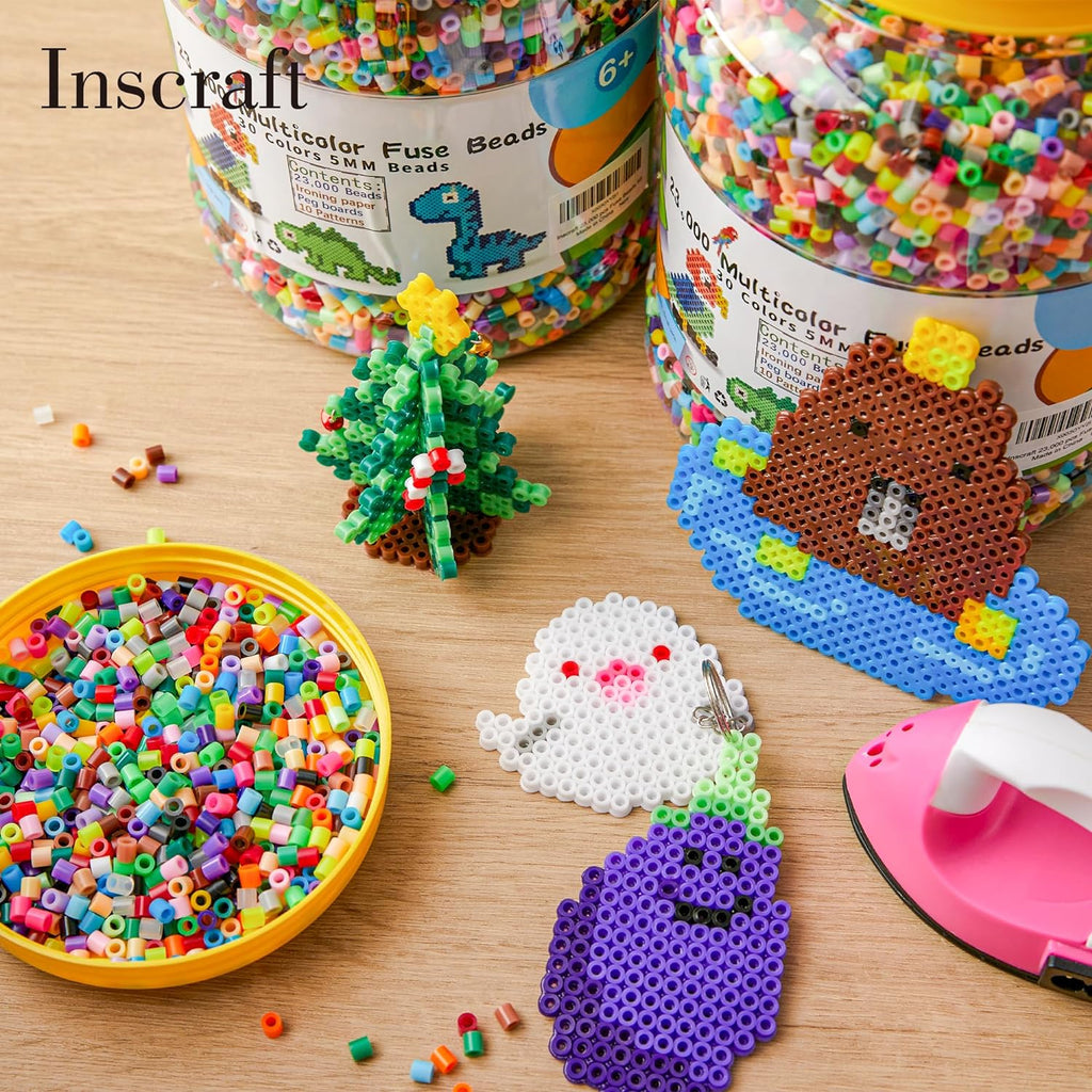 INSCRAFT 2 Buckets of Fuse Beads, 46,000 pcs 5mm Iron Beads for Kids Crafts, 30 Colors with 6 Pegboards, 10 Ironing Paper, 20 Patterns, Gifts for Birthday Christmas, Multicolor Refill Kit