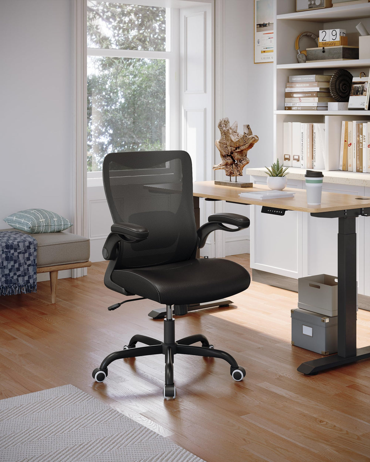 MUXX.STIL Office Chair, Ergonomic Desk Chair with Adjustable Lumbar Support and Flip up Armrest, Breathable Mesh Computer Chair for Home Office, Khaki