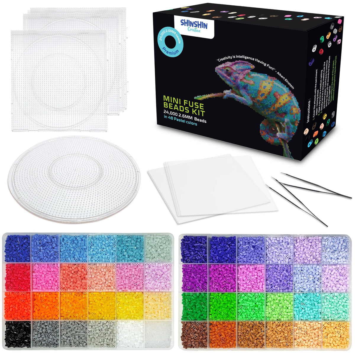 24,000 Mini Fuse Beads Kit - Tiny 2.6mm, 48 Colors, 5 Pegboards, Pixel Art