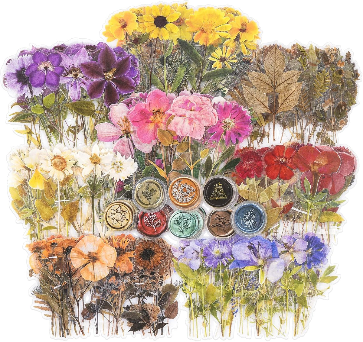 Knaid Pressed Flower Themed Stickers Set (320 Pieces) Dried Flowers Resin Stickers Decals Floral Botanical Journaling Stickers for Scrapbook Supplies Junk Journal Bullet Journal Planner Laptops