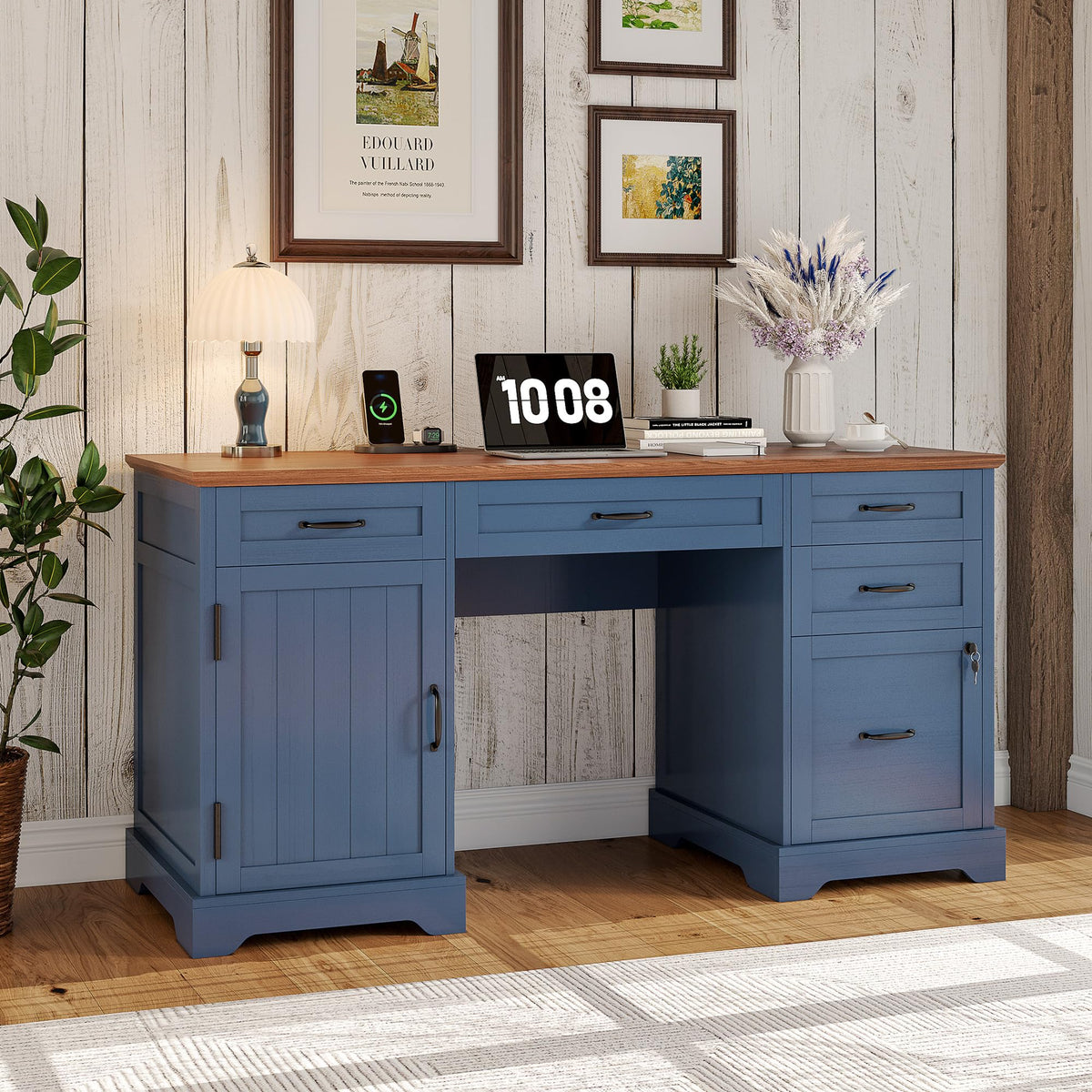 Whalefall: 55" Farmhouse Executive Desk with Drawers & Charging Station