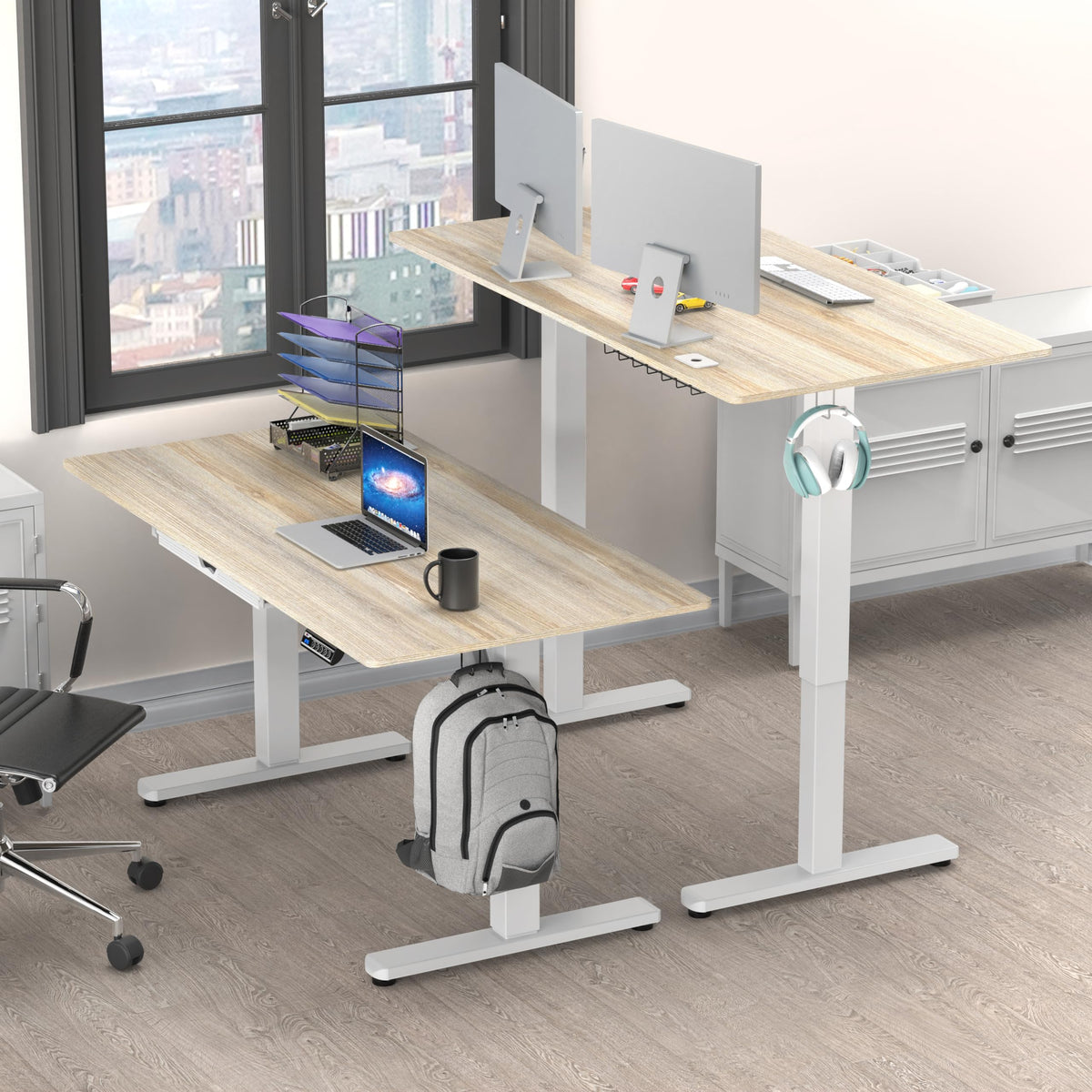SHW 55 x 28 Electric Height Adjustable Standing Desk w/Drawer, White