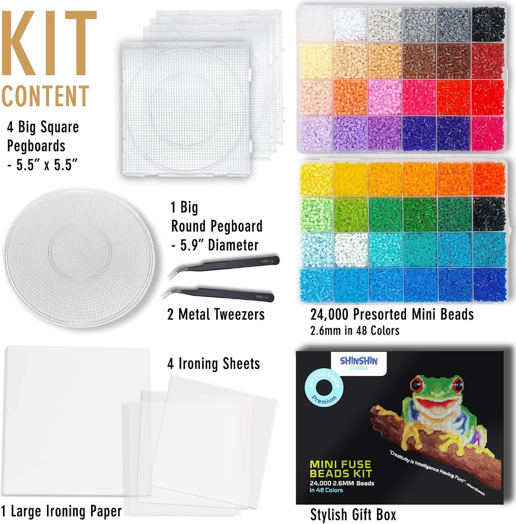 24,000 Mini Fuse Beads Kit - Tiny 2.6mm, 48 Colors, 5 Pegboards, Pixel Art