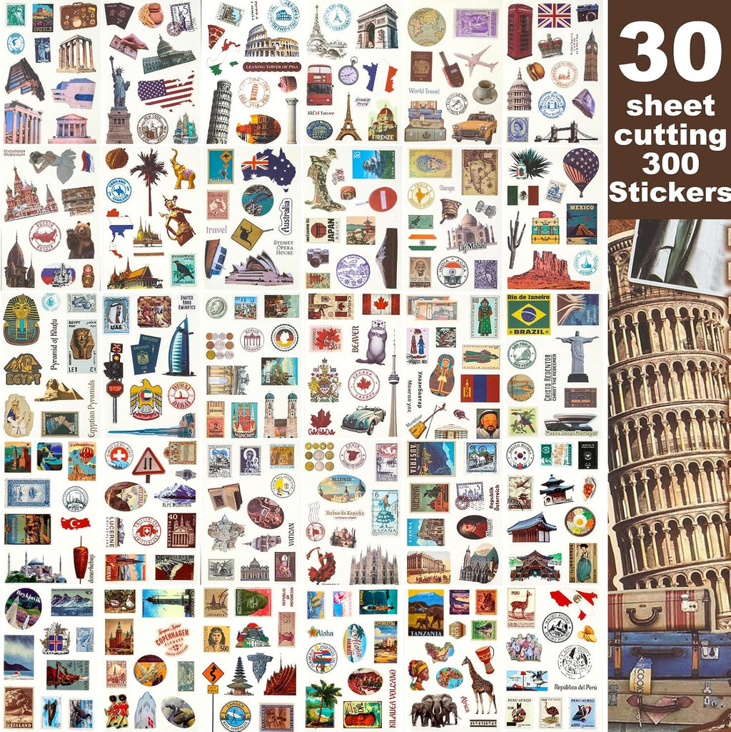 Scrapbook Stickers - 300 Pre-Cut Washi Stickers & 20 Scrapbook Papers for Travel Journaling