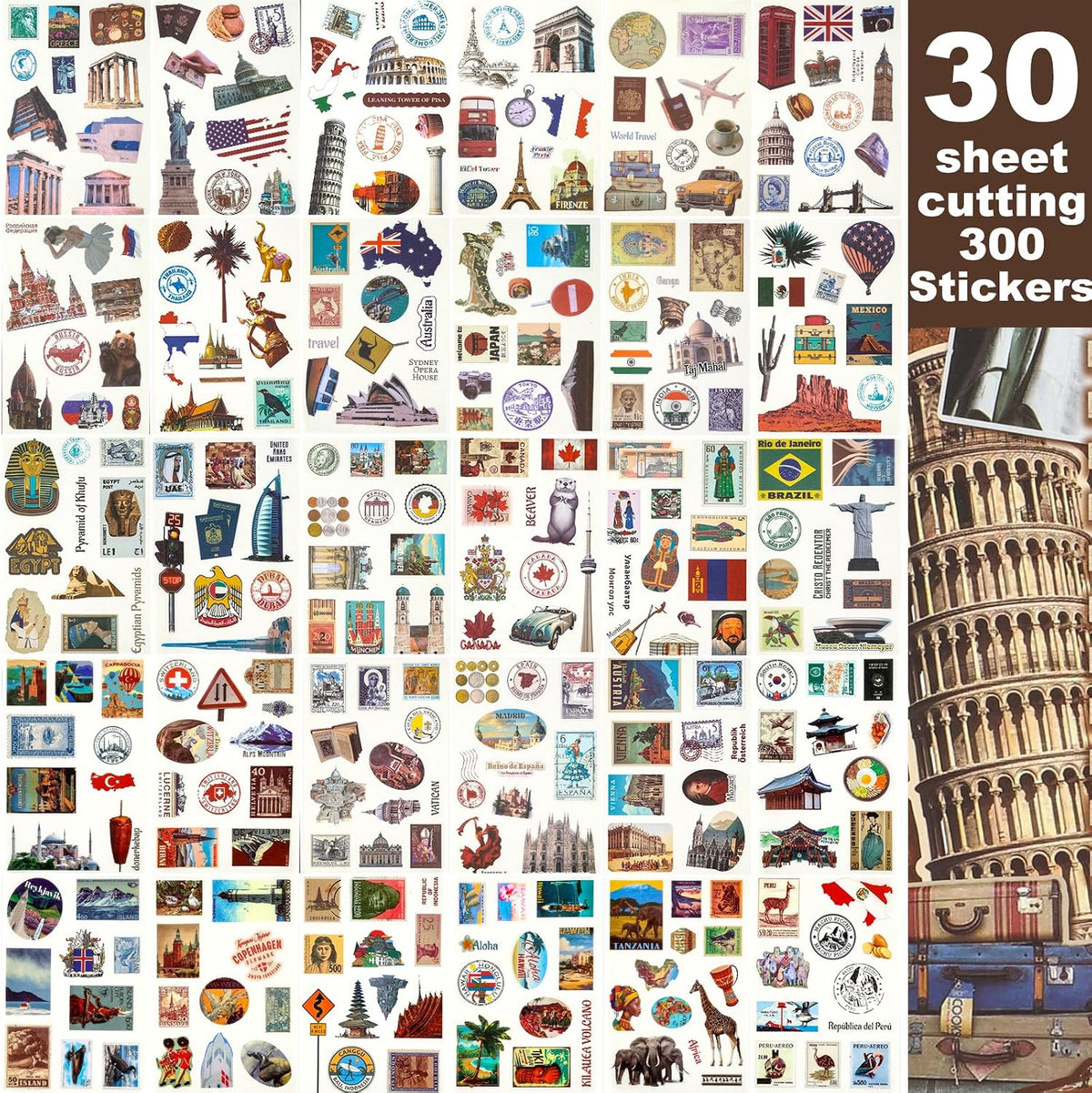 Scrapbook Stickers - 300 Pre-Cut Washi Stickers & 20 Scrapbook Papers for Travel Journaling