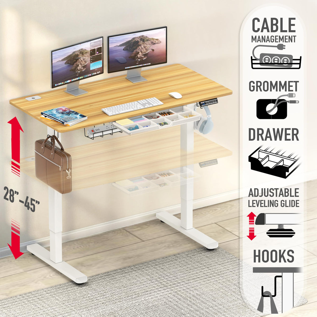 SHW 55 x 28 Electric Height Adjustable Standing Desk w/Drawer, White