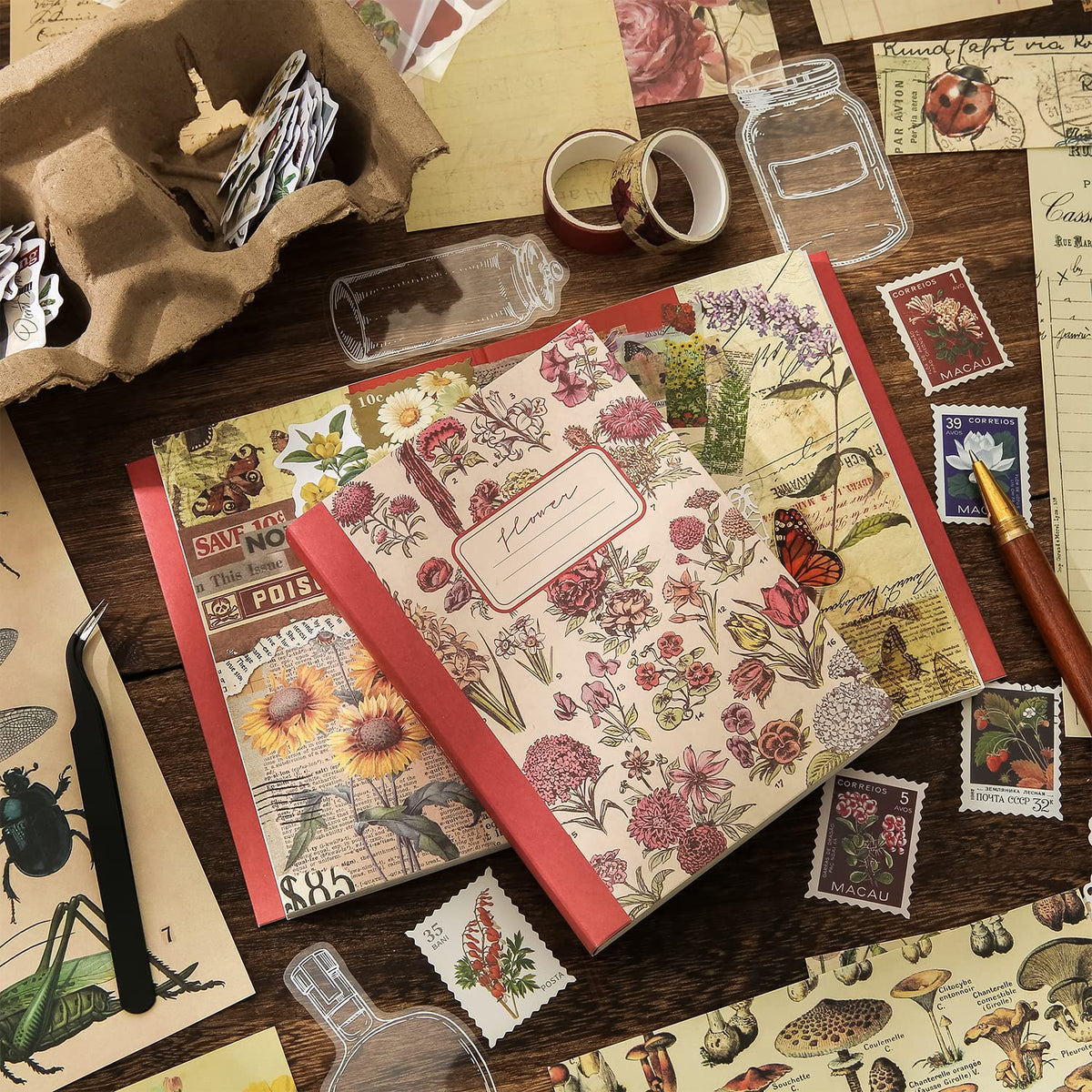 emmoolife 348 Pcs Scrapbooking Supplies Kit, Vintage Aesthetic Scrapbook Kit for Bullet Junk Journal, Stationery, A6 Grid Notebook, DIY Journaling Supplies, Birthday Craft Gift for Teen Girl Women