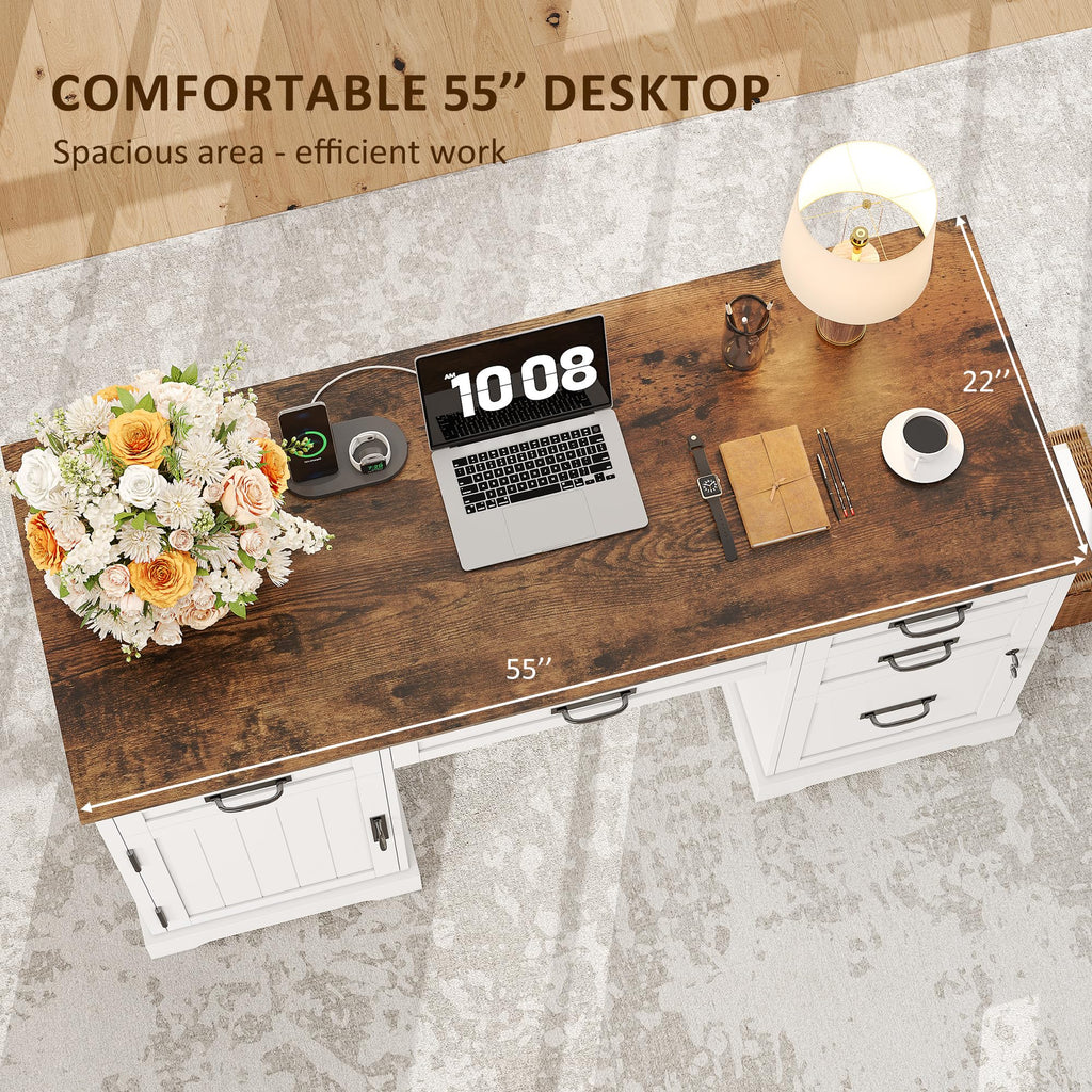 Whalefall: 55" Farmhouse Executive Desk with Drawers & Charging Station