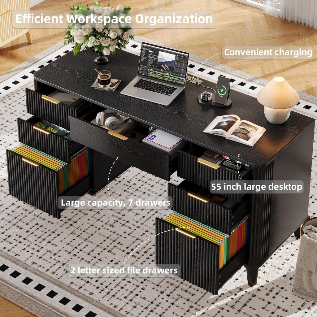 55.1" Fluted Executive Desk with Drawers, Wood Computer Desk with Storage Cabinet, Home Office Desk with Charging Station, Farmhouse Desk with File Cabinet for Office Home (Nature)