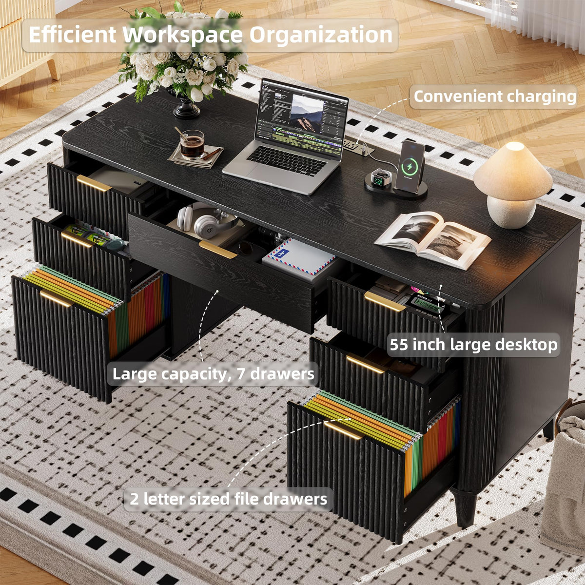55.1" Fluted Executive Desk with Drawers, Wood Computer Desk with Storage Cabinet, Home Office Desk with Charging Station, Farmhouse Desk with File Cabinet for Office Home (Nature)