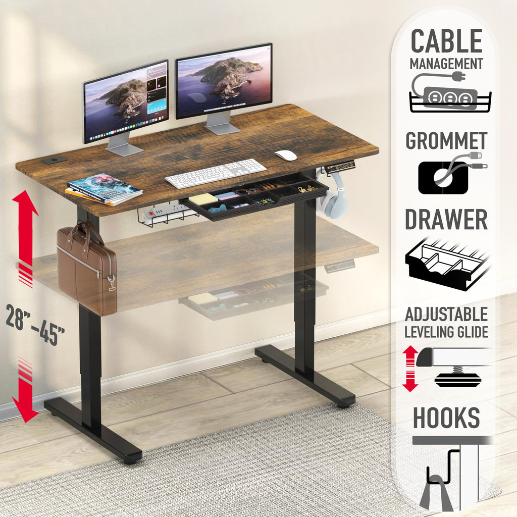 SHW 55 x 28 Electric Height Adjustable Standing Desk w/Drawer, White