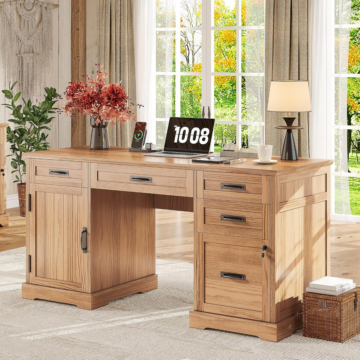 Whalefall: 55" Farmhouse Executive Desk with Drawers & Charging Station